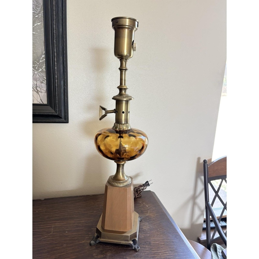 Mid-Century Modern Hollywood Regency Amber Glass Globe Brass Wood Table Lamp 21"